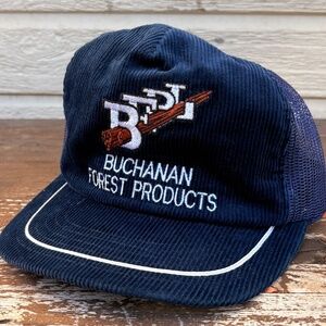 Vintage Buchanan Forest Products trucker hat corduroy mesh farming
